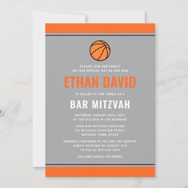 Modern basketball ligh gray and orange bar mitzvah invitation (Front)