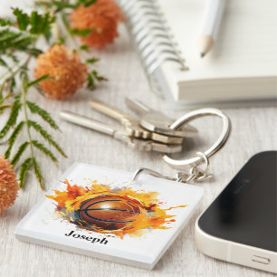 Modern Basketball on Fire Name Keychain