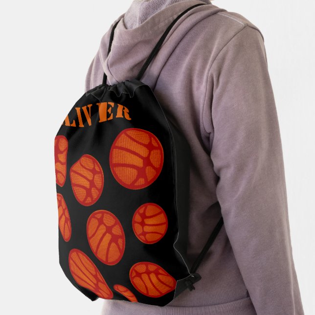 Modern Basketball Pattern Kids Name Drawstring Bag (Insitu)