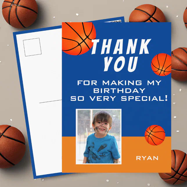 Modern Basketball Sports Birthday Photo Thank you Postcard | Zazzle