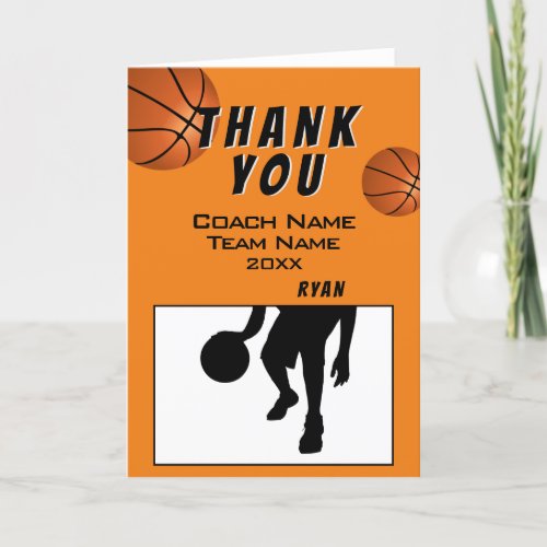 Modern Basketball Thank you Coach Card - Basketball thank you coach card with thank you text, coach name, team name, year, your name and basketball balls. The card has a black and white silhouette image of a basketball player in action. Personalize the card with your text. 
Great thank you card for the basketball team coach!