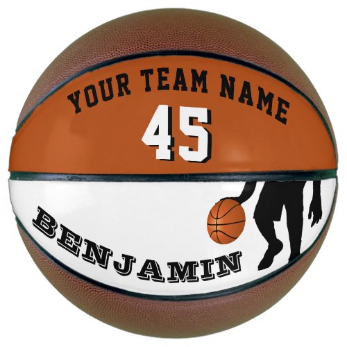 Modern Basketball with Team Name Number - Modern and Custom Basketball with Team Name Number. The design has a black silhouette of a basketball player with a basketball. The text is in modern fonts - personalize it with your team name, number and your name. To customize the ball click the customize button and easily use the design tool. Perfect gift for basketball players, teammates, coaches, your friends and family or a keepsake to remember your favorite sport.