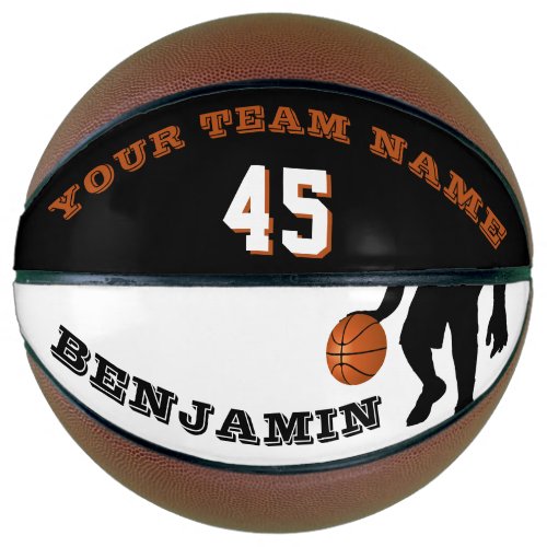 Modern Basketball with Team Name Number - Modern and Custom Basketball with Team Name Number. The design has a black silhouette of a basketball player with a basketball. The text is in modern fonts - personalize it with your team name, number and your name. To customize the ball click the customize button and easily use the design tool. Perfect gift for basketball players, teammates, coaches, your friends and family or a keepsake to remember your favorite sport.