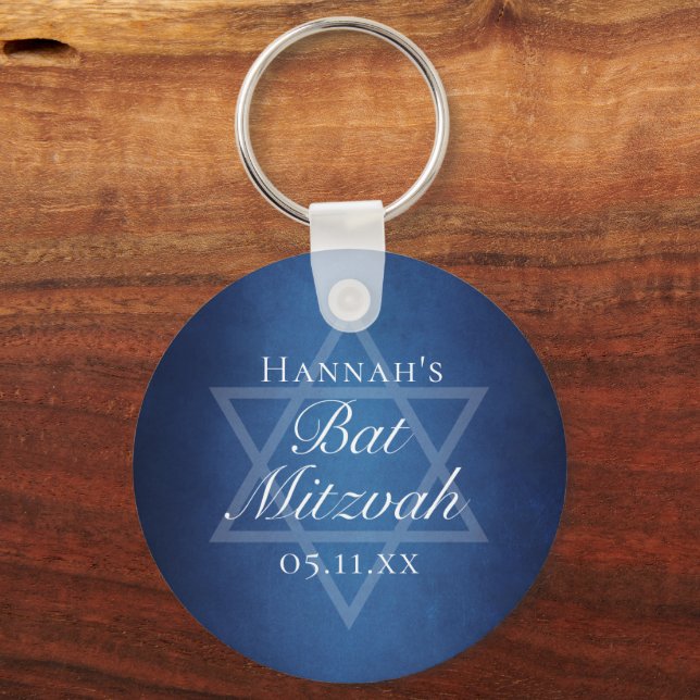 Modern Bat Mitzvah Blue Star of David Custom Party Keychain (Front)