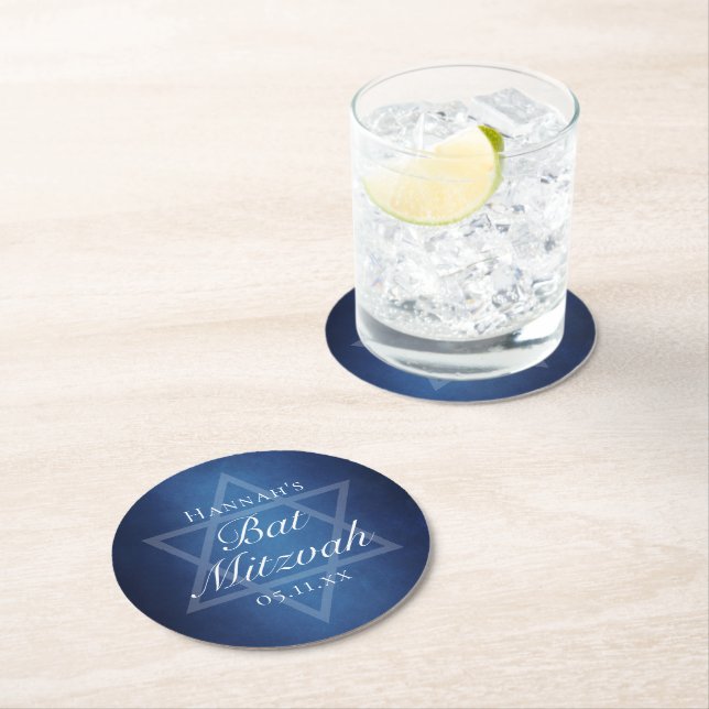 Modern Bat Mitzvah Blue Star of David Custom Party Round Paper Coaster (Insitu)