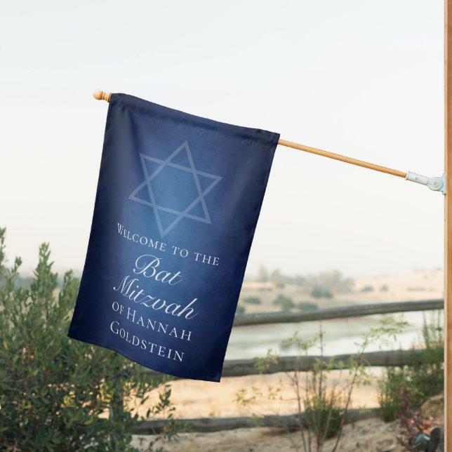Modern Bat Mitzvah Blue Star of David Party House Flag (Insitu (Back))