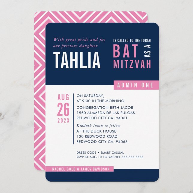 MODERN BAT MITZVAH bold block navy pink white Invitation (Front/Back)