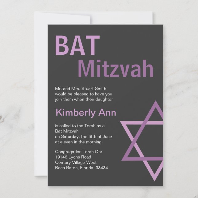 Modern Bat Mitzvah Invitiation- Dark Gray & pink Invitation (Front)