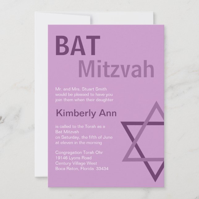 Modern Bat Mitzvah Invitiation- Purple & pink Invitation (Front)