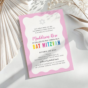 MODERN BAT MITZVAH rainbow colors wavy border pink Invitation