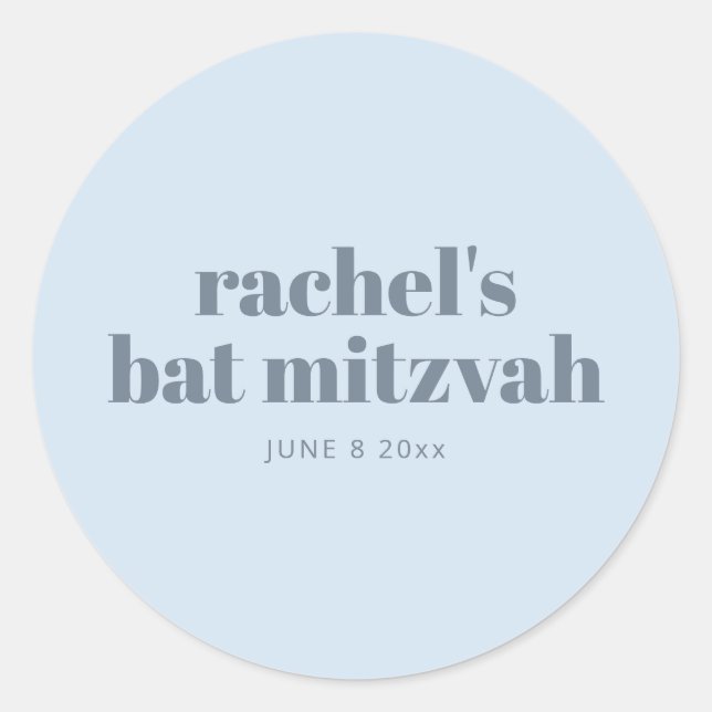 Modern Bat Mitzvah Soft Blue Personalized Favor Classic Round Sticker (Front)