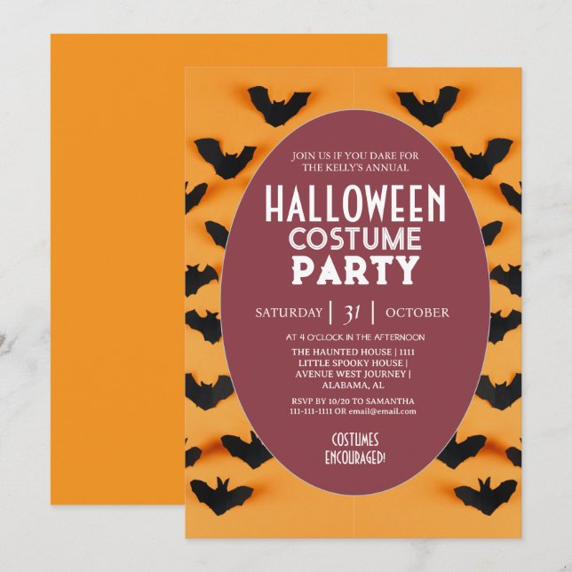 Modern Bat Pattern Halloween Costume Party Invitation (Front/Back)