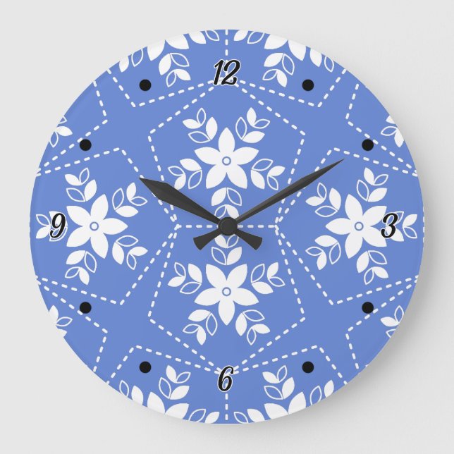 Modern Batik Pattern White Jasmine Floral Flower Large Clock (Front)