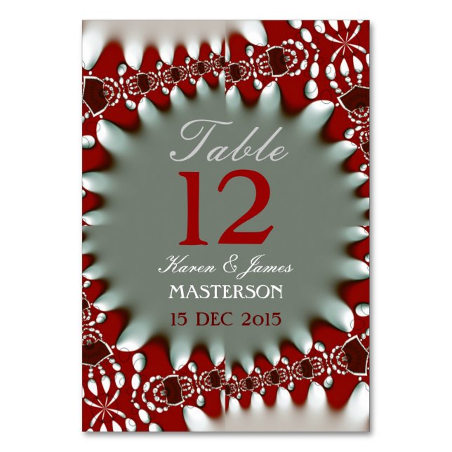 Modern Batik Red+White Wedding Table Number Card (Front)