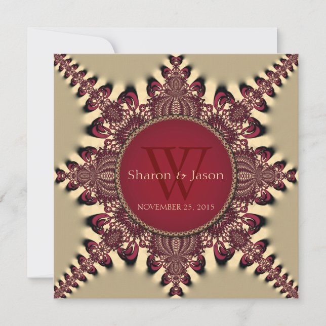 Modern Batik Star Monogram Deep Red Gold Wedding Invitation (Front)