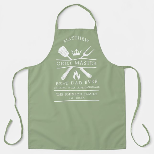 Modern BBQ King Grill Master Best Dad Ever Green Apron (Front)