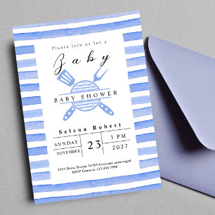 Modern BBQ picnic baby shower blue Invitation