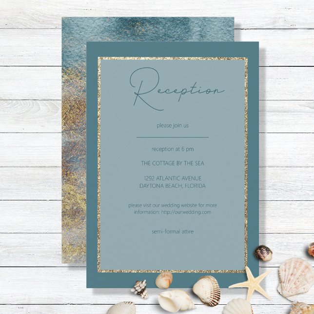 Modern Beach Abstract Teal & Gold Reception Enclos Enclosure Card (Creator Uploaded)