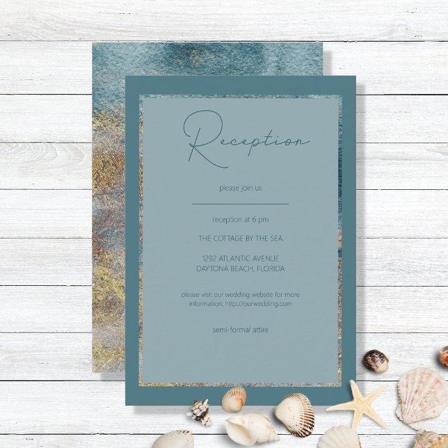 Modern Beach Abstract Teal & Gold Reception Enclos Enclosure Card (Creator Uploaded)