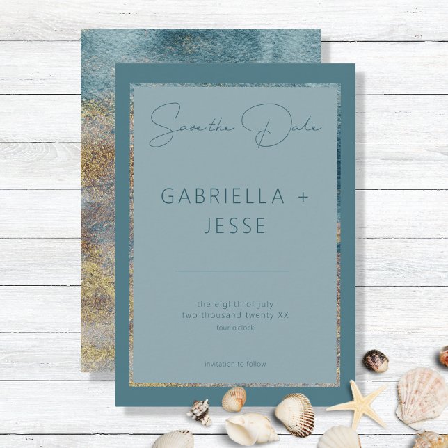 Modern Beach Abstract Teal & Gold Save The Date (Creator Uploaded)