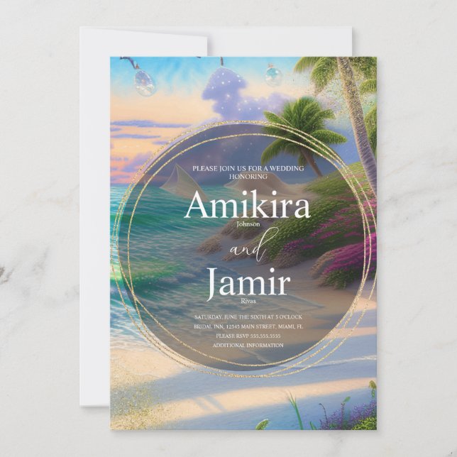 Modern Beach Background Glitter Gold Wedding Invitation (Front)