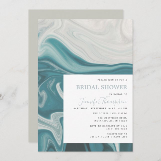 Modern Beach Blue and Grey Marble Bridal Shower Invitation (Front/Back)