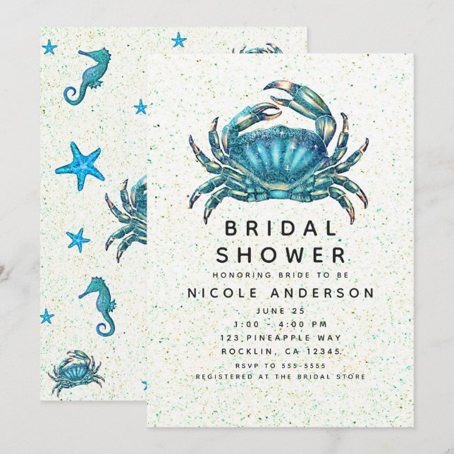 Modern Beach Blue Crab Starfish Bridal Shower Invitation (Front/Back)