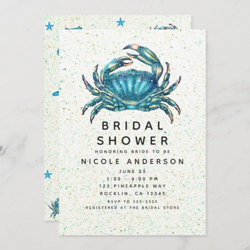 Modern Beach Blue Crab Starfish Bridal Shower Invitation
