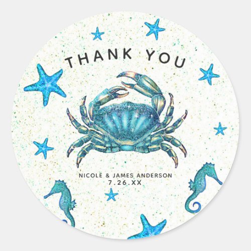 Modern Beach Blue Crab Starfish Seahorse Favor Classic Round Sticker