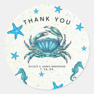 Modern Beach Blue Crab Starfish Seahorse Favor Classic Round Sticker