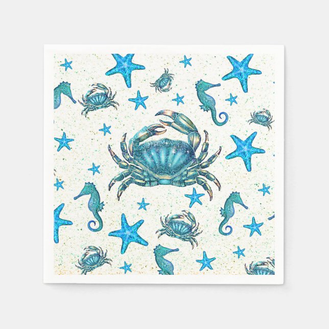 Modern Beach Blue Crab Starfish Seahorse Party Napkins (Front)