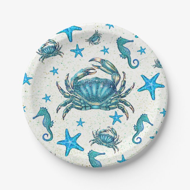Modern Beach Blue Crab Starfish Seahorse Party Paper Plates (Front)