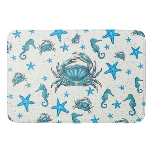 Modern Beach Blue Crab Starfish Seahorse Sparkle Bath Mat