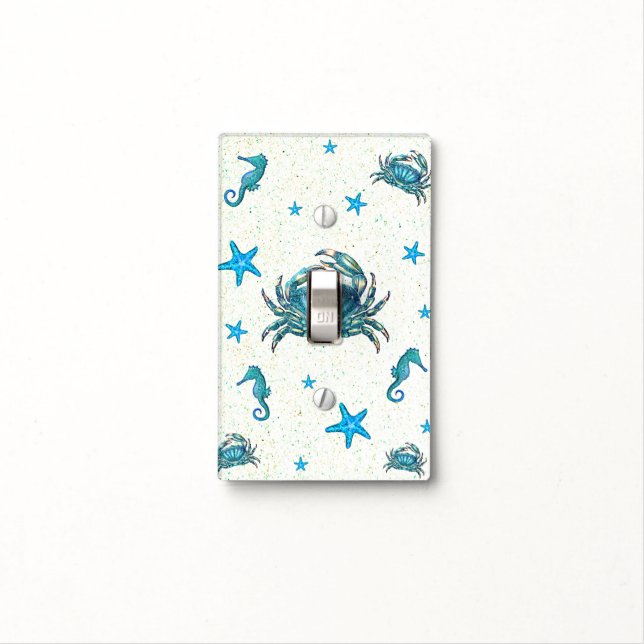 Modern Beach Blue Crab Starfish Seahorse Sparkle Light Switch Cover (In Situ)