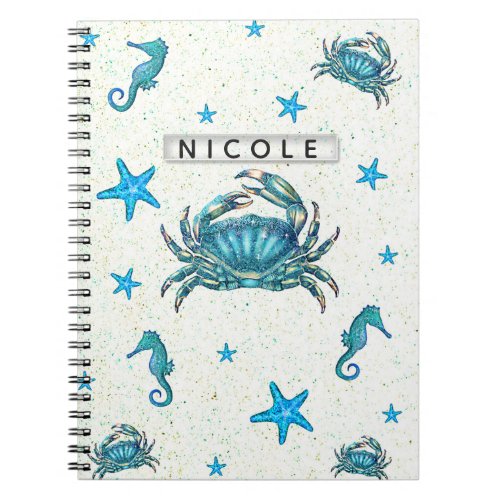 Modern Beach Blue Crab Starfish Seahorse Sparkle Notebook