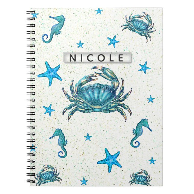 Modern Beach Blue Crab Starfish Seahorse Sparkle Notebook (Front)