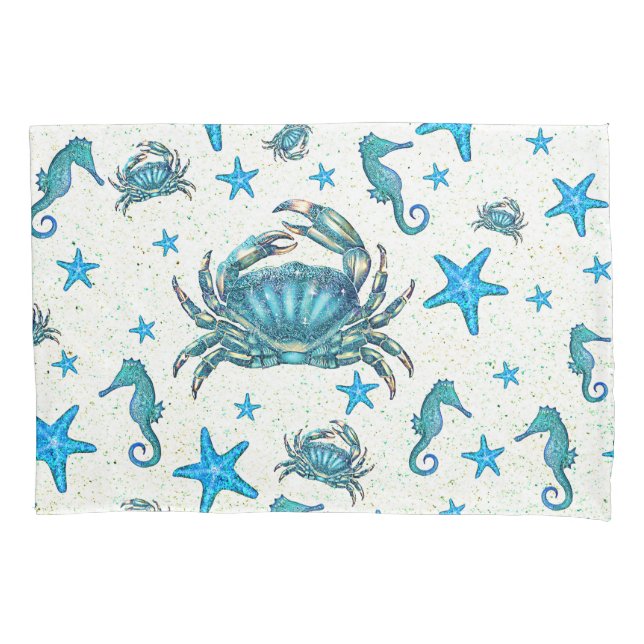 Modern Beach Blue Crab Starfish Seahorse Sparkle Pillowcase (Front)