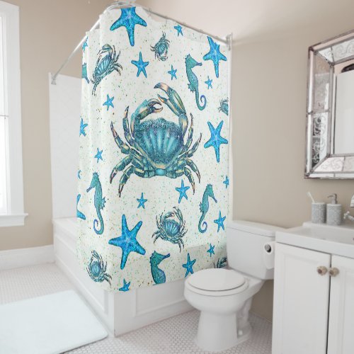 Modern Beach Blue Crab Starfish Seahorse Sparkle Shower Curtain