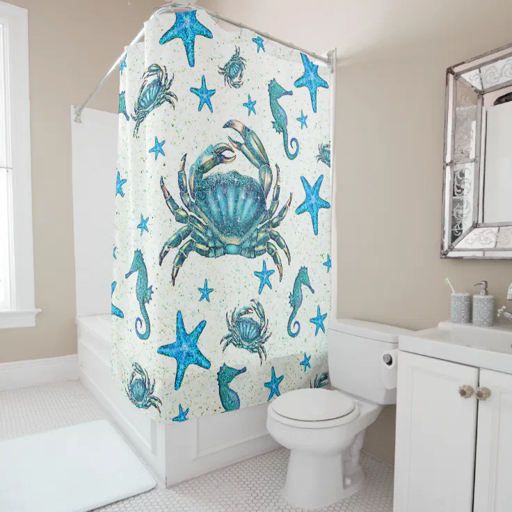 Modern Beach Blue Crab Starfish Seahorse Sparkle Shower Curtain Zazzle