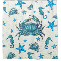 Modern Beach Blue Crab Starfish Seahorse Sparkle