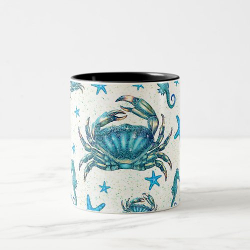 Modern Beach Blue Crab Starfish Seahorse Sparkle Two_Tone Coffee Mug