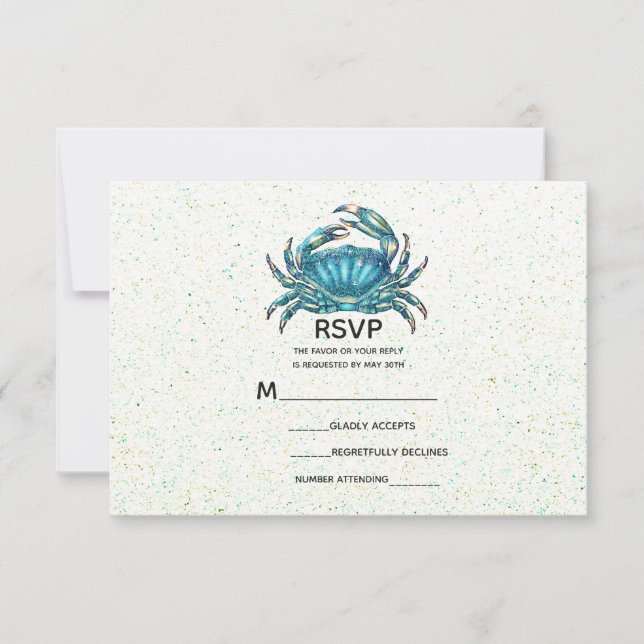 Modern Beach Blue Crab Starfish Wedding RSVP Card (Front)