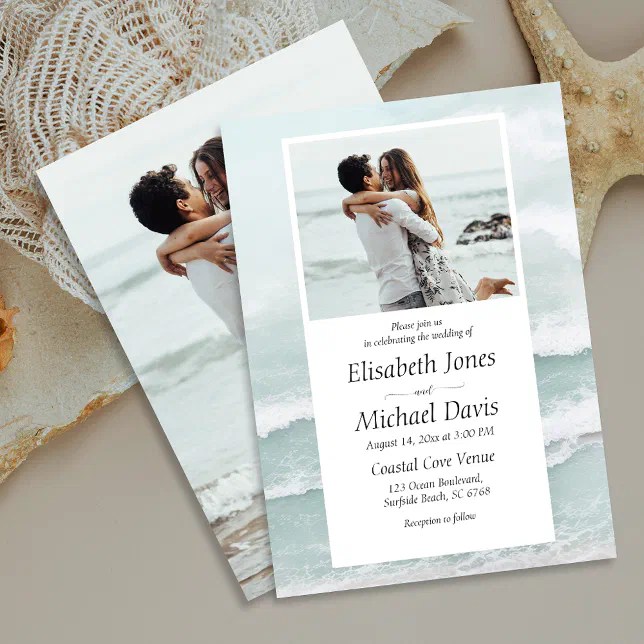 Modern Beach Blue Ocean Wave Summer Photo Wedding Invitation | Zazzle