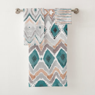 Modern Beach Boho Teal Peach Gray Watercolor Bath Towel Set