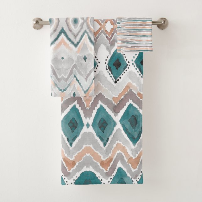 Modern Beach Boho Teal Peach Gray Watercolor Bath Towel Set (Insitu)