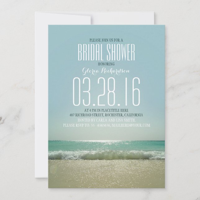Modern beach bridal shower invitations with sea (Front)