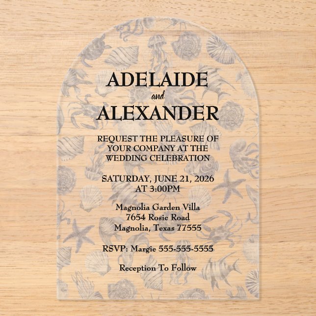 Modern Beach Coastal Watercolor Wedding Blue Acrylic Invitations (Front)