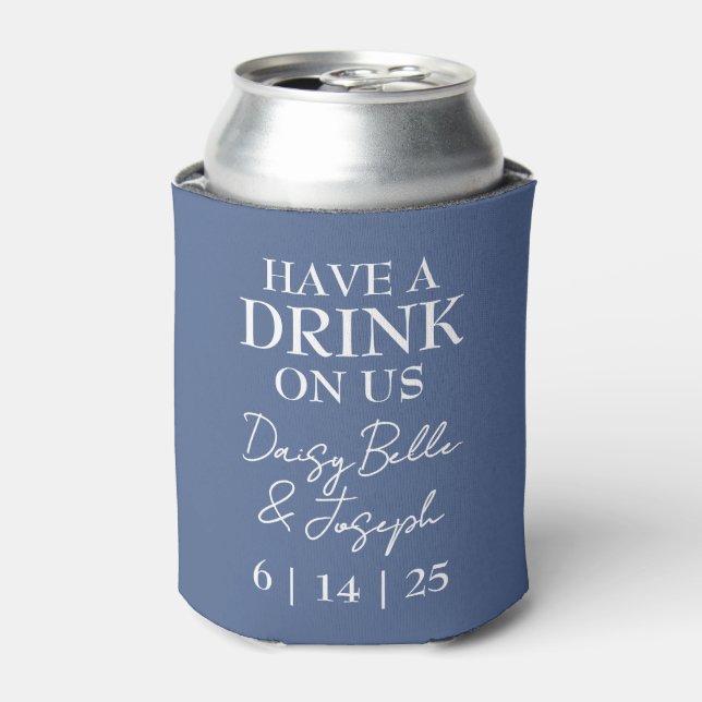 Modern Beach Coastal Watercolor Wedding Blue Can Cooler (Can Front)