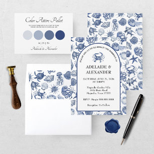 Modern Beach Coastal Watercolor Wedding Blue Card