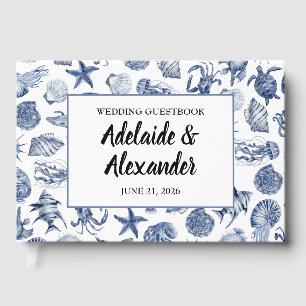 Modern Beach Coastal Watercolor Wedding Blue Guest Book